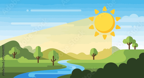 Sun Shining Brightly Over Green Landscape.