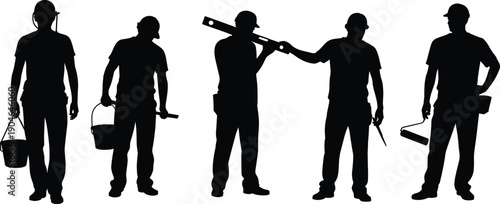 Construction worker silhouettes set, professional painters and builders holding tools, renovation maintenance service concept, black isolated flat vector illustration design