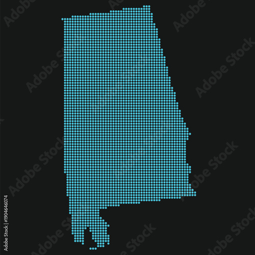 Alabama Light Blue Point Grid Map on Black for AI Data Centers and Cybersecurity. Alabama state dotted map.