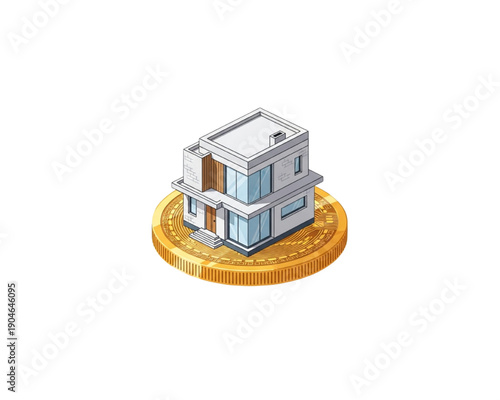 Isometric Vector Bitcoin House: Modern Home on Golden Crypto Coin - Real Estate Blockchain Investment, Digital Property Asset Concept Illustration
