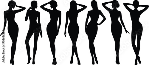 Vector illustration of female silhouette icons—symbols for fashion posture, modeling stance, body language, style identity, group diversity, and artistic representation