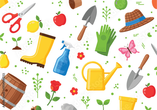 Gardening tools and nature elements illustration featuring gloves, boots, watering can, plants, and flowers in colorful flat vector style