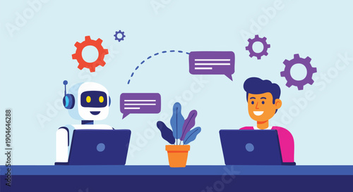 AI Chatbot interacting with a human user, representing collaboration and modern communication technology for business.