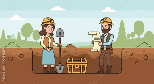 Archaeologists Uncover Ancient Treasure Chest During Excavation in Green Landscape.