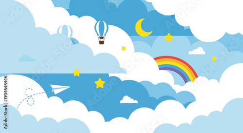 Whimsical Clouds with Rainbow and Hot Air Balloon.