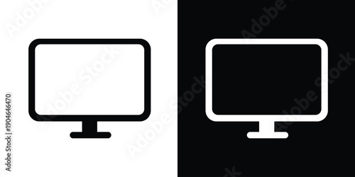 Desktop computer monitor and screen display vector icon. Flat digital hardware symbol for workspace, office technology, and electronic media design in black and white versions.