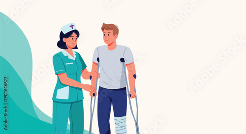 Caring Nurse Assists Injured Patient Walking With Crutches and Bandaged Leg.