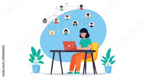 Connecting People Digitally: Remote Work and Online Communication Illustrative Vector Graphic.