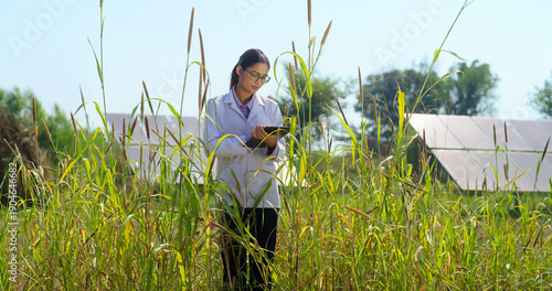 Indian young adult gen z female hold tab look screen visit farm field do work search record data outdoor rural area. Serious staff girl wear white lab coat use tablet device check plant quality ground