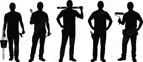 Construction worker silhouettes set, professional builders and painters holding tools, home renovation maintenance service concept, black isolated flat vector illustration
