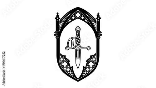 Dagger emblem with gothic architectural elements