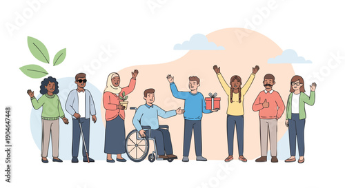 Diverse group of people with disabilities and different ethnicities waving and celebrating together, symbolizing inclusion and unity.