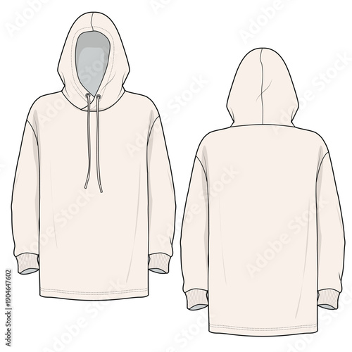Tunic hoodie flat sketch vector mockup template technical illustration.