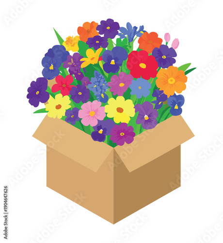 Cardboard box full of bright spring pansy flowers. Colorful garden blossoms in purple, blue, and yellow colors. Isometric vector illustration for flower shop, delivery, and gardening design.