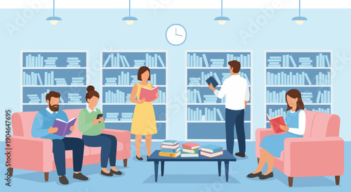 Diverse People Reading Books in a Modern Library Setting, Enhancing Knowledge and Leisure Activities.