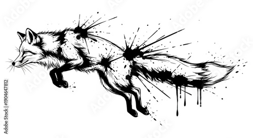Ink Splatter Fox Jumping Artistic Illustration.
