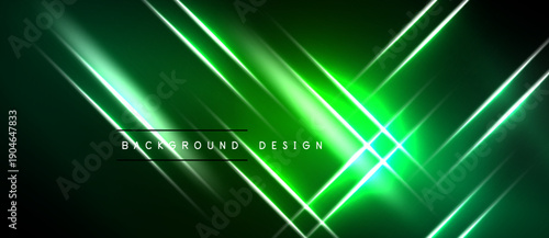 Abstract neon lines create dynamic green background. Modern design features bright streaks, gradients, dark space. Perfect for digital projects.