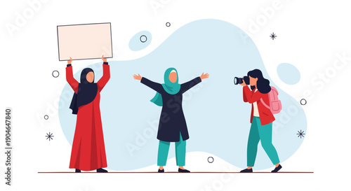 Diverse women, including Muslim women in hijabs, united in protest and photography, conveying messages of empowerment and collaboration.