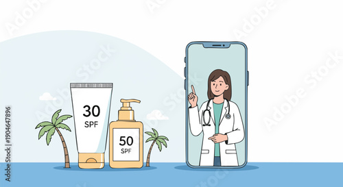 Doctor provides online consultation for sunscreen, SPF 30 and 50, with palm trees in the background.