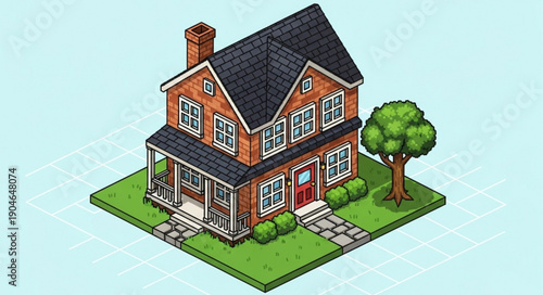 Isometric Brick House with Green Tree and Lawn.