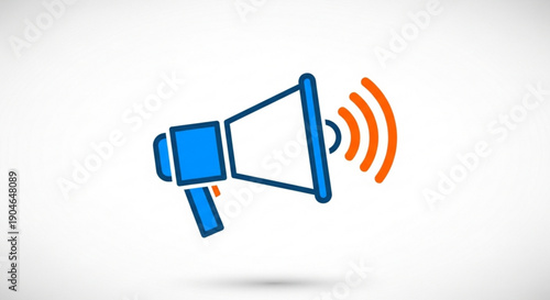 Blue megaphone with orange sound waves on white background symbolizing announcement communication and loudspeaker