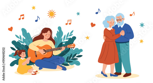 Happy Family Moments: Playing Guitar, Dancing, and Celebrating Together in a Joyful Atmosphere.