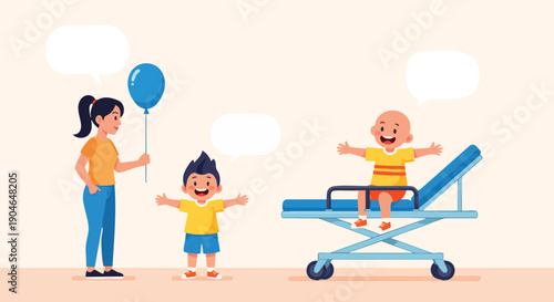 Happy Family Moments: Mother and Children Enjoying Together With Balloon and Gurney.