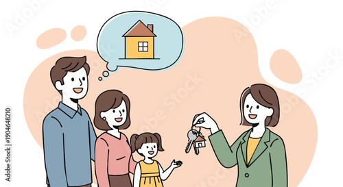 Happy Family Receiving House Keys from Real Estate Agent, Dreaming of Homeownership.