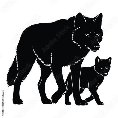 Mother wolf and cub walking together in black silhouette
