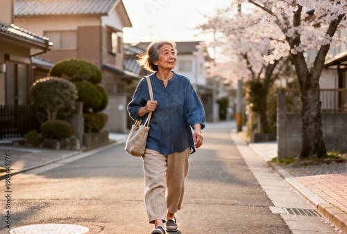 散歩する元気なシニア女性