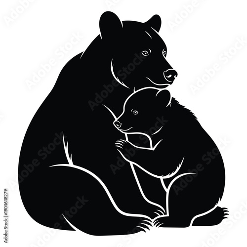 Mother bear and cub sitting together in affectionate embrace