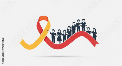 Diverse group of people standing on a wavy red and orange ribbon symbolizing unity and support against a clean white background