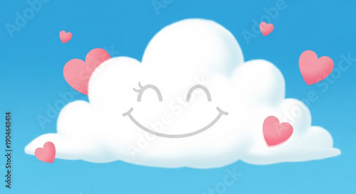 Smiling white cloud with winking face and pink hearts on blue background symbolizing happiness and love in a cartoonish style
