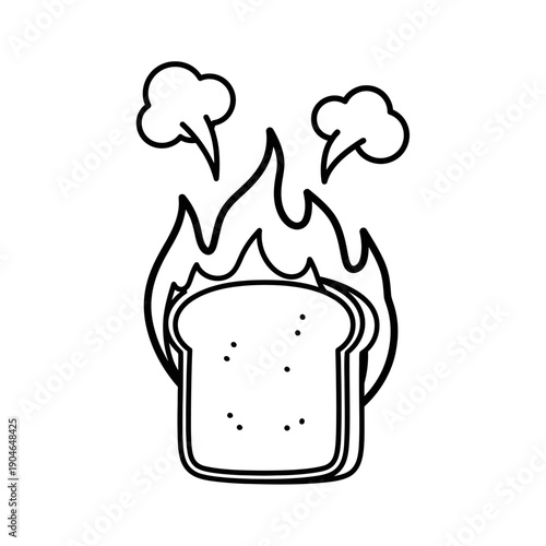Burning Bread Cartoon Illustration – Minimalist Toast Fire Line Art Icon