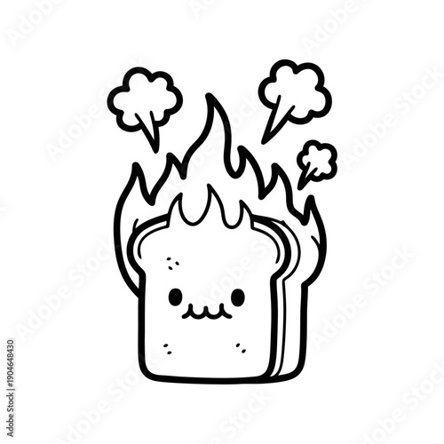 Burning Bread Cartoon Illustration – Minimalist Toast Fire Line Art Icon