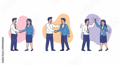 Modern business people shaking hands and giving high fives in a graphic illustration.