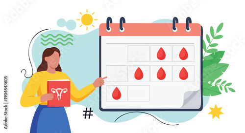 Menstruation Cycle Tracking Calendar with Uterus Symbol Book Illustration.