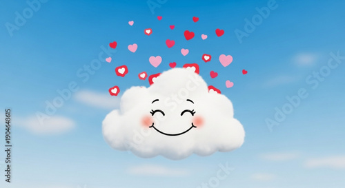 Smiling white cartoon cloud with rosy cheeks and hearts floating against a blue sky