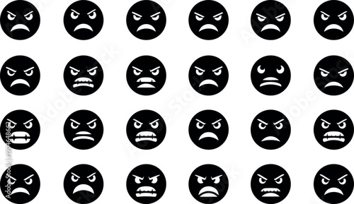 Collection of 20 unique black silhouette faces with various angry expressions