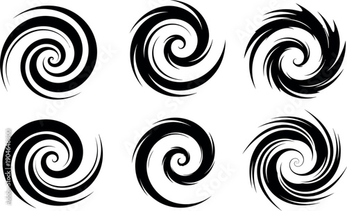 A set of six black swirling spiral shapes on a white background