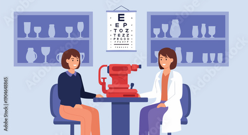 Ophthalmologist examining patient's eyes with specialized equipment in a modern clinic, eye chart on wall.