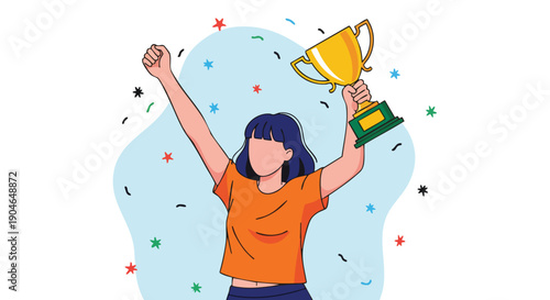 Overjoyed Female Winner Celebrates Victory Holding Golden Trophy with Confetti Falling Around.