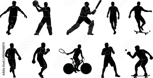 Collection of black silhouettes of various sportsmen in action
