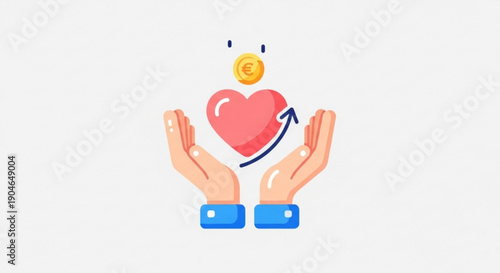 Hands holding a heart with a coin and arrow symbolizing love care and charity