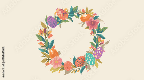 Easter floral wreath frame with colorful spring flowers and decorated eggs, circular botanical border isolated on soft pastel background, festive holiday illustration for greeting cards, invitations, 