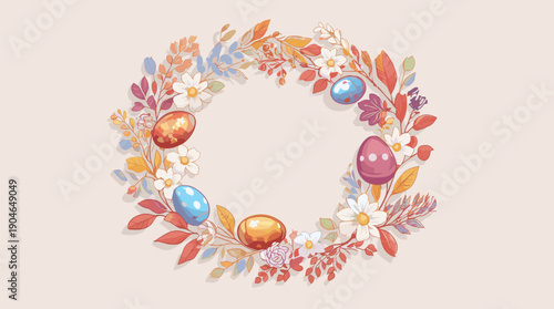 Easter floral wreath frame with colorful spring flowers and decorated eggs, circular botanical border isolated on soft pastel background, festive holiday illustration for greeting cards, invitations, 