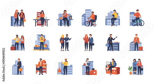Set of Business People in Urban Settings, Office Scenarios, and City Life Illustrations.