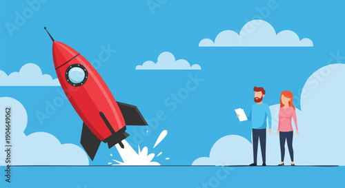 Startup business concept: Rocket launch with diverse team planning success and innovation with blue sky and clouds background.