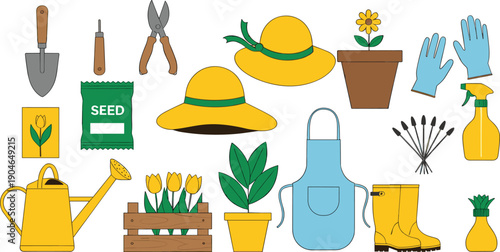 Gardening tools and spring planting illustration set featuring watering can, seeds, gloves, pots, hat, and garden equipment in flat vector style