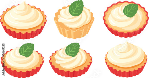Cupcake with Cream Frosting Collection Flat Vector Illustration Set Isolated on White Background